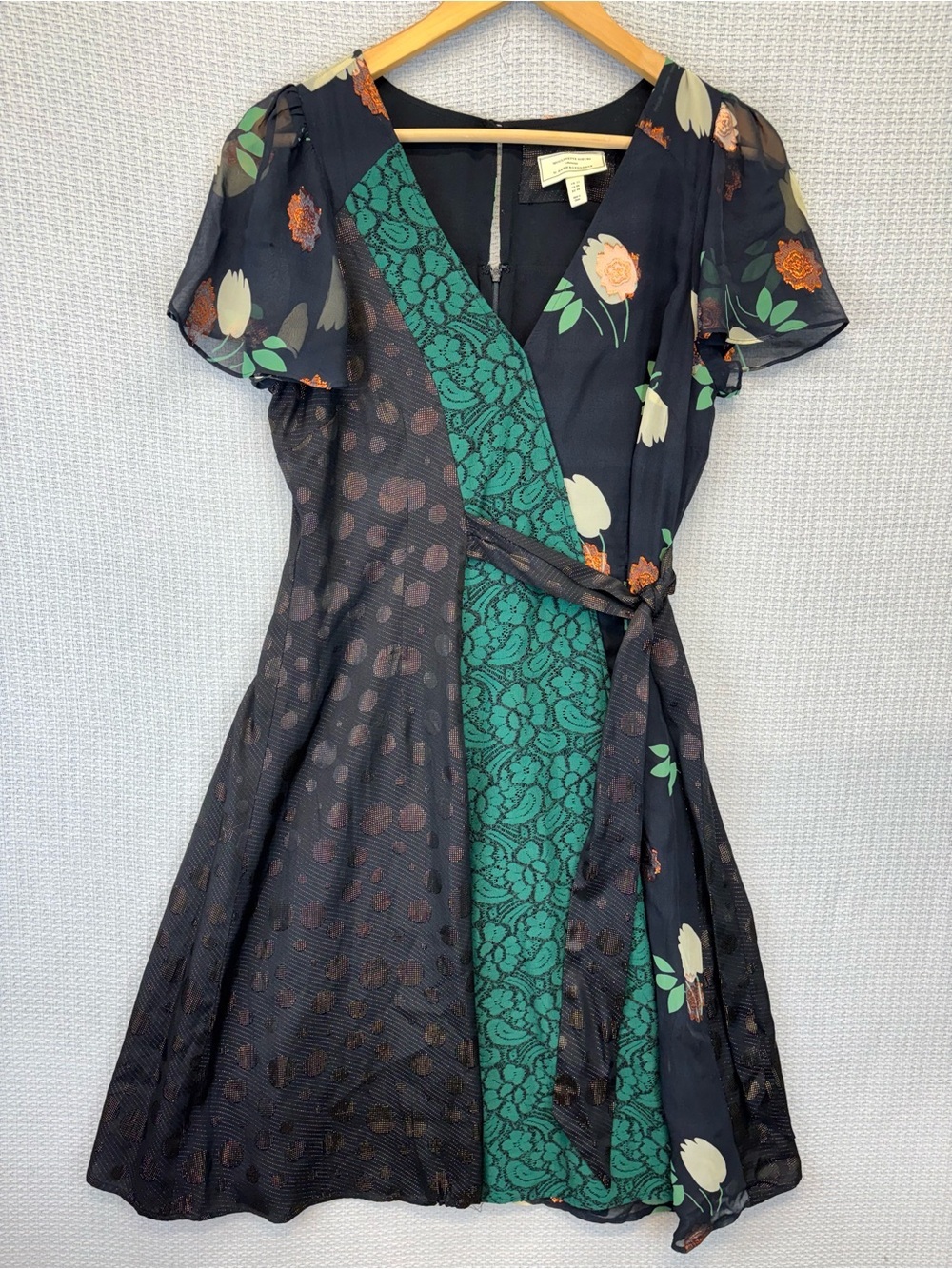 Anthropologie Moulinette Soeurs Patchwork Green Lace Eclectic Fit Flare Dress 8